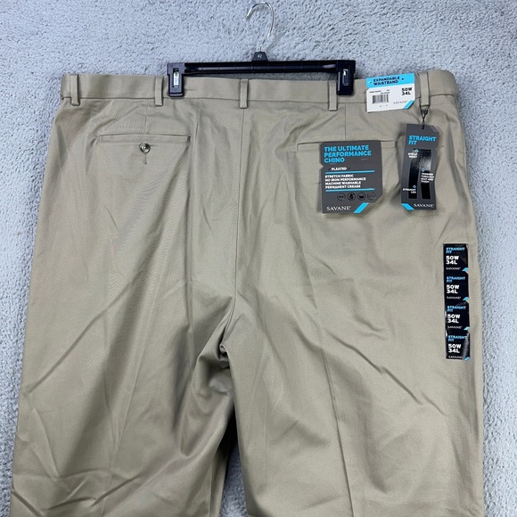 Savane Men The Ultimate Performance Chino Pants 50X34 Big Tall Beige Pleated NEW - Picture 1 of 9